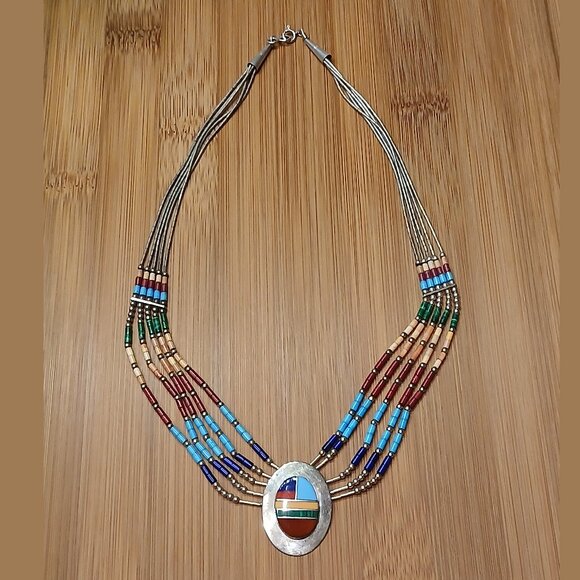 Vintage 5 Strand Liquid Silver with Multi Stone Inlaid Necklace - 16 inches - Picture 6 of 10